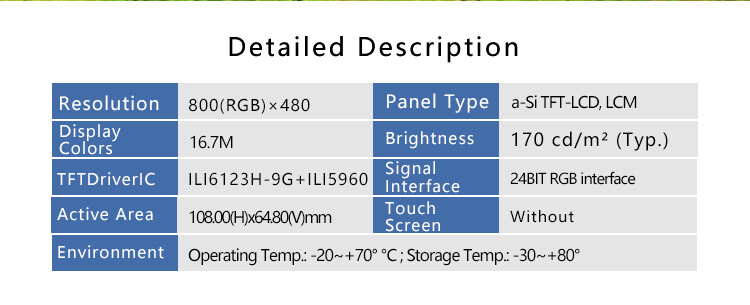 ET050WV02-O-5.0 inch-800x480-24bit RGB Interface LCD