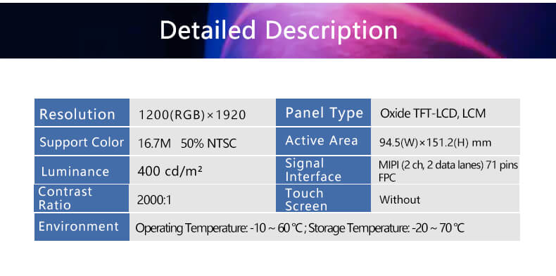 LQ070M1SX01 Sharp 7 Inch 1200x1920 LCD Panel MIPI (2 ch, 2 data lanes) Interface LCD Display