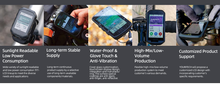 Cycling Computer Bike Display Solution-Sunlight Readable Low Power Consumption-Long-term Stable Supply-Water-Proof &Glove Touch &Anti-Vibration-High-Mix/Low-Volume Production-Support Customized Product