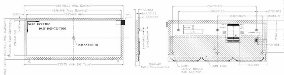 COG-PVK0052-01 10.3 Inch TFT LCD Display 1920×720 LVDS High Brightness 950nits Wide Temperature LCD Display With In-Cell Touch