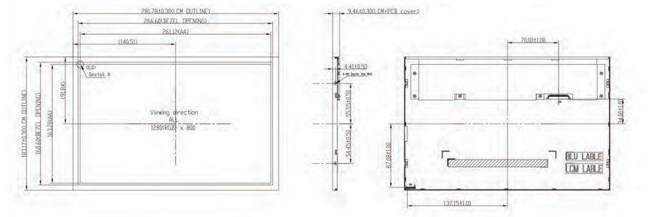 P1210WXF2MA00 12.1 Inch TFT LCD Display 1280×800 High Brightness 1500nits LVDS Wide Temperature LCD Display For EV Charger