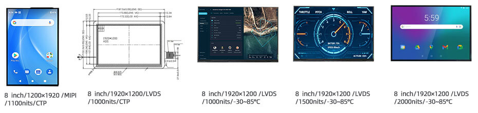 8 Inch TFT LCD Display 1920×1200 LVDS High Brightness 1500nits Wide Temperature -30~85℃ LCD Display For Drone