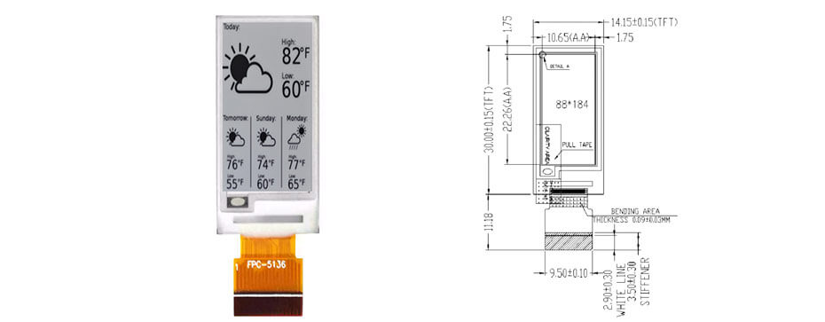 0.97 Inch Monochrome E Ink Display 184x88 SPI Low Power ePaper Electronic Paper Screen
