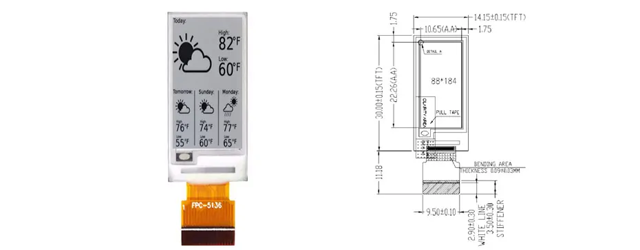 0.97 Inch Monochrome E Ink Display 184x88 SPI Low Power ePaper Electronic Paper Screen