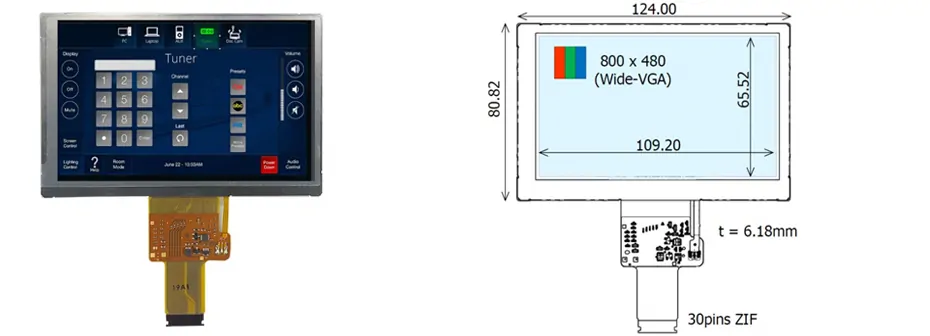 COM50H5N15ULC Ortustech 5 Inch Transflective Display 800×480 LVDS High Brightness 1200nits Wide Temperature TFT LCD Display