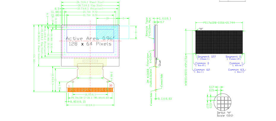 0.96 Inch PMOLED Display 128×64 CPUSPII²C OLED Display For Healthcare & Medical Display Solution