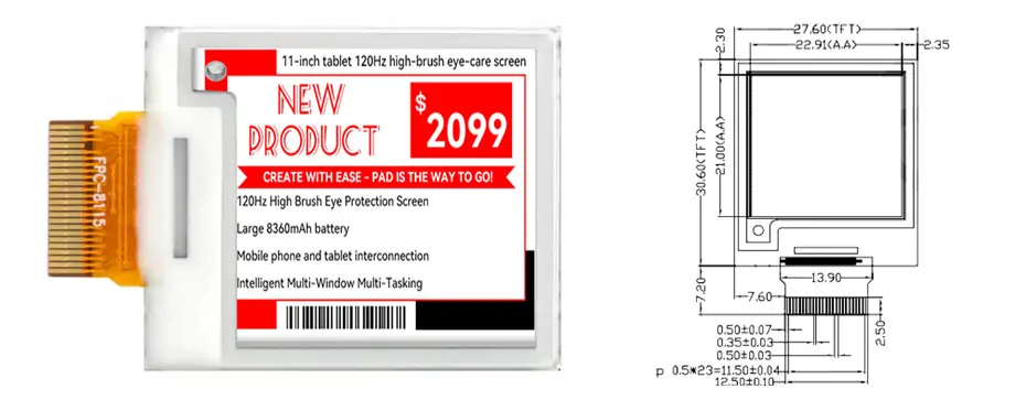 1.22 Inch E Ink Display Module 176×192 SPI 0.3s Partial Refresh Electronic Paper Display