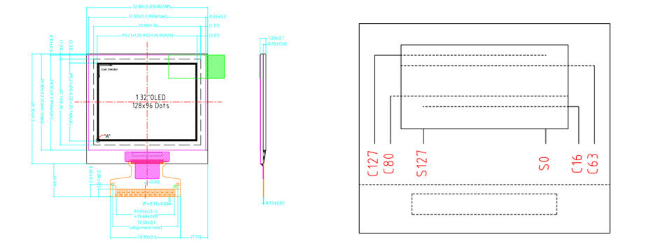 1.32 Inch OLED Display 128×96 CPU RGB SPI PMOLED Display For Healthcare & Medical Display Solution