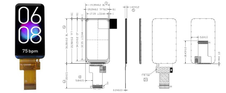 1.45 Inch TFT LCD Display 172×320 Serial RGB High Brightness LCD Display For Healthcare & Medical Display Solution