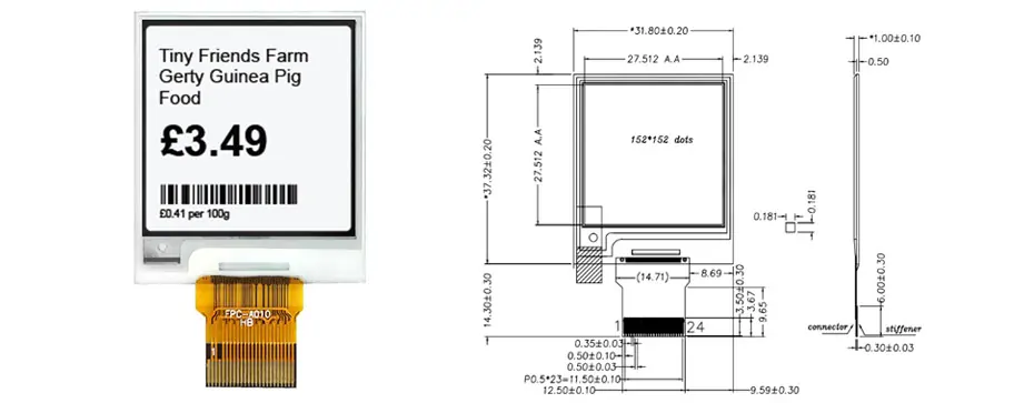 1.54 Inch E Ink Display Module 152×152 SPI Low Temperature Electronic Paper Display