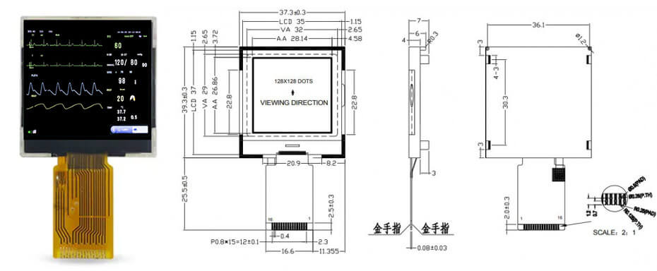 1.54 Inch TFT LCD Display 128×128 SPI LCD Display For Healthcare & Medical Display Solution