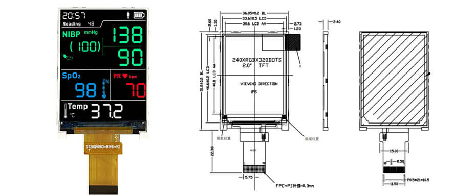 2 Inch TFT LCD Display 240×320 CPU RGB SPI LCD Display For Healthcare & Medical Display Solution