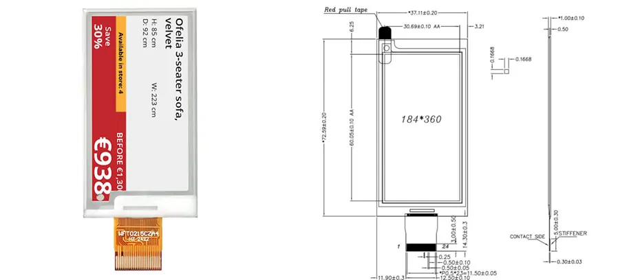 2.66 Inch Black & White E-Paper Display 360×184 SPI Partial Refresh Electronic Ink Display Module