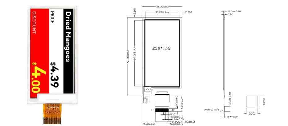 2.66 Inch Black White Yellow Red E-Paper Display 296×152 SPI Electronic Ink Display Module