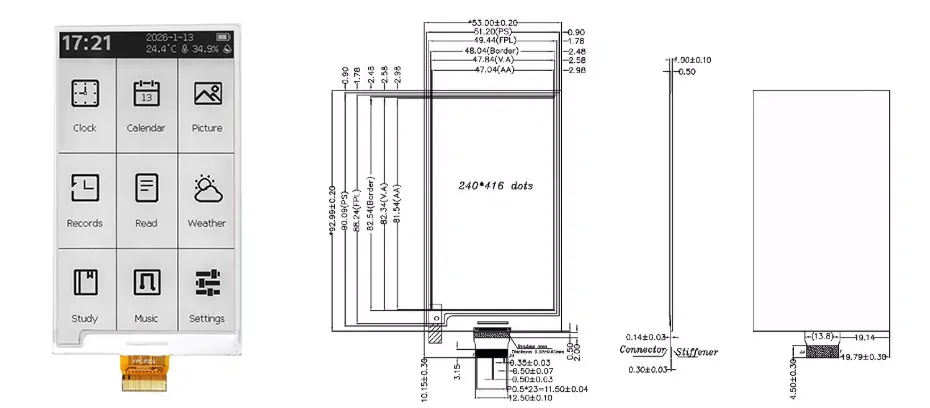 3.7 Inch E Ink Display 416×240 SPI Black White Red 3-Color Electronic Paper Screen
