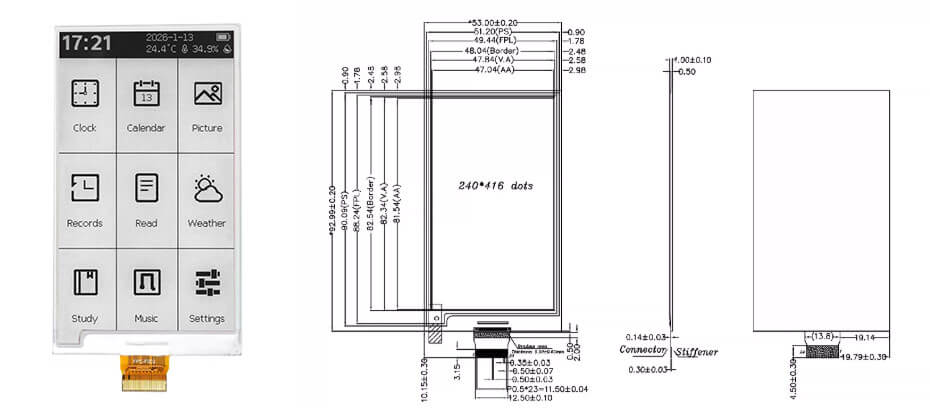3.7 Inch E Ink Display 416×240 SPI Black White Red 3-Color Electronic Paper Screen