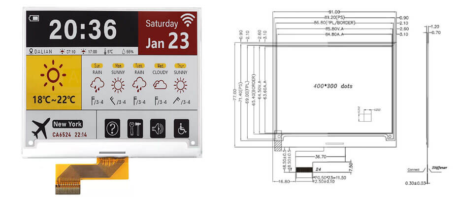 4.2 Inch 3-Color E Ink Display 400×300 SPI Fast Refresh & Black-and-White Partial Refresh Electronic Paper Display