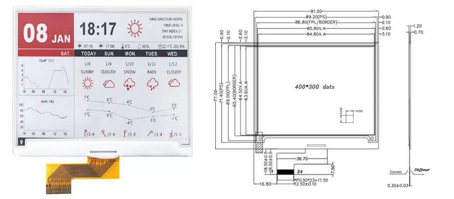 4.2 Inch Monochrome E Ink Display 400×300 SPI Fast Refresh Low Power Black & White Electronic Paper Screen