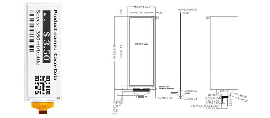 5.79 Inch E-Ink Display 272×792 EPD Low-Power SPI Electronic Paper Display