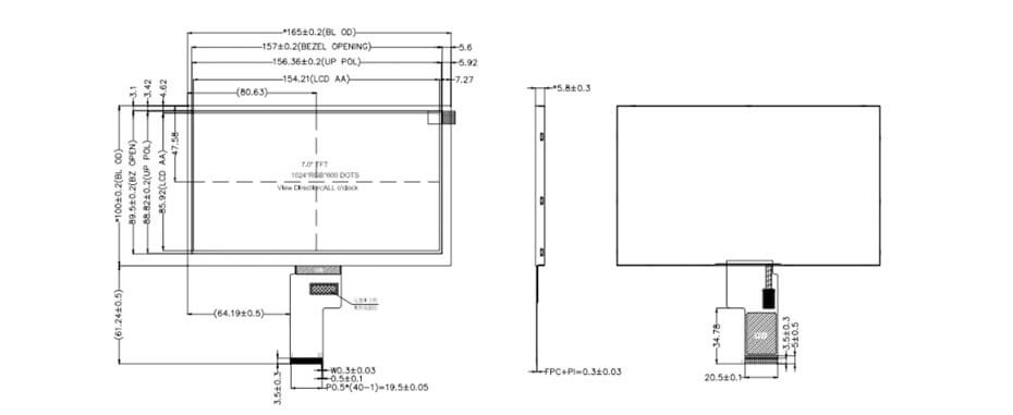 7 Inch TFT LCD Display 1024×600 LVDS High Brightness LCD Display For Healthcare Medical Display Solution