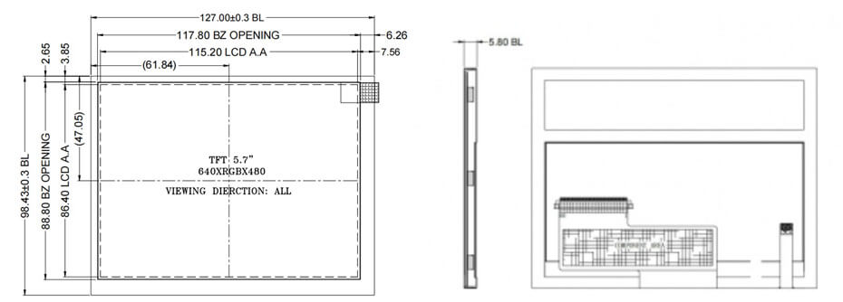 5.7 Inch TFT LCD Display 640×480 TTL Wide Temperature Displays LCD Display for Measuring Rangefinder Display Solution